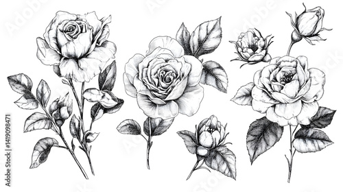 Detailed black and white floral illustrations featuring roses in various stages of bloom.