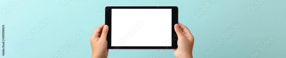 Child hands holding a blank digital tablet against light blue background for technology and education design Child hands holding a blank digital tablet against light blue background for technology and education design