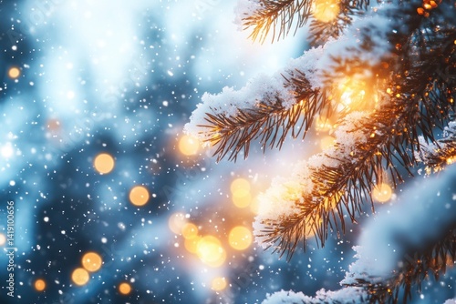 Wallpaper Mural Winter snowy pine branches with warm glowing bokeh lights serene natural light snowfall scene Torontodigital.ca