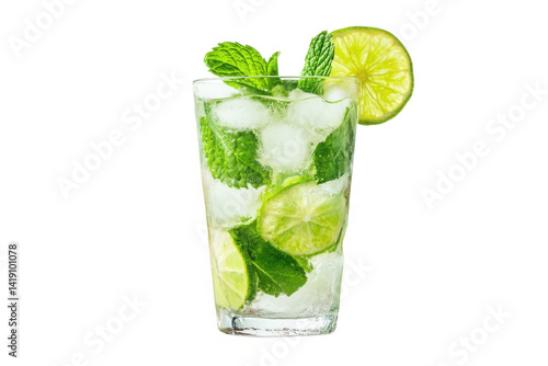 Refreshing mojito beverage with lime and mint in a clear glass cup drink