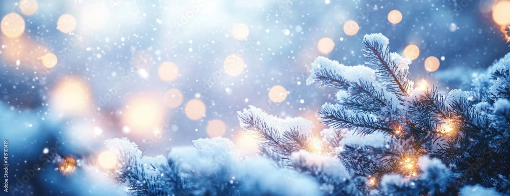 Snowy winter pine branches with soft glowing lights and pastel blue tones Snowy winter pine branches with soft glowing lights and pastel blue tones