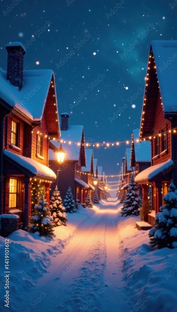 Fototapeta premium Snowy village streets at night with Christmas lights , village, winter, snowy