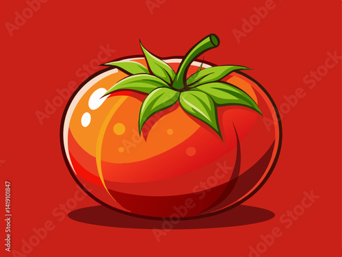 A professional vector of a plump tomato with natural highlights and slight texture, placed on a solid red background