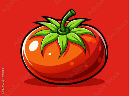A professional vector of a plump tomato with natural highlights and slight texture, placed on a solid red background