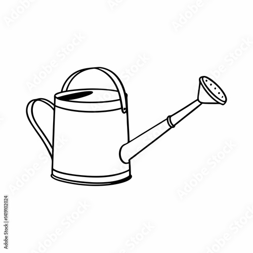 Watering can in outline style, gardening tool concept, monochrome illustration