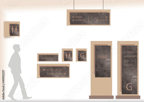Wayfinding system signage mockup set, Direction signs, Exterior and interior way finding design, Shopping mall navigation mock up, Public place and commercial building information, Vector