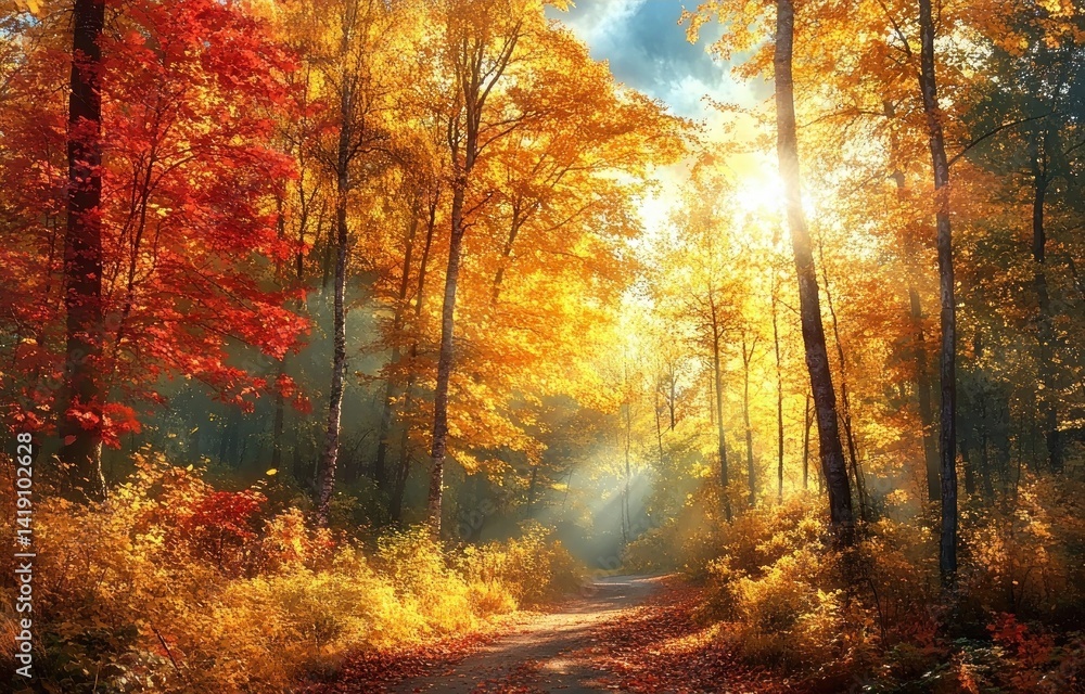 Fototapeta premium Autumn forest path with sunlight and colorful leaves