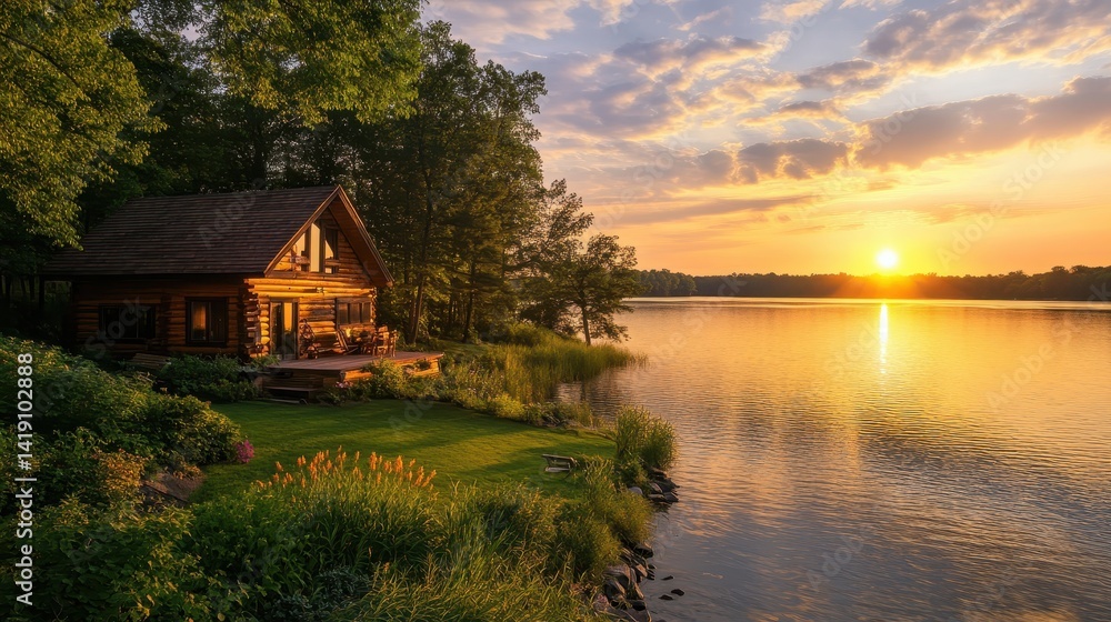 Fototapeta premium A peaceful lakeside retreat with guests practicing meditation in harmony with nature, bright colors and soft textures