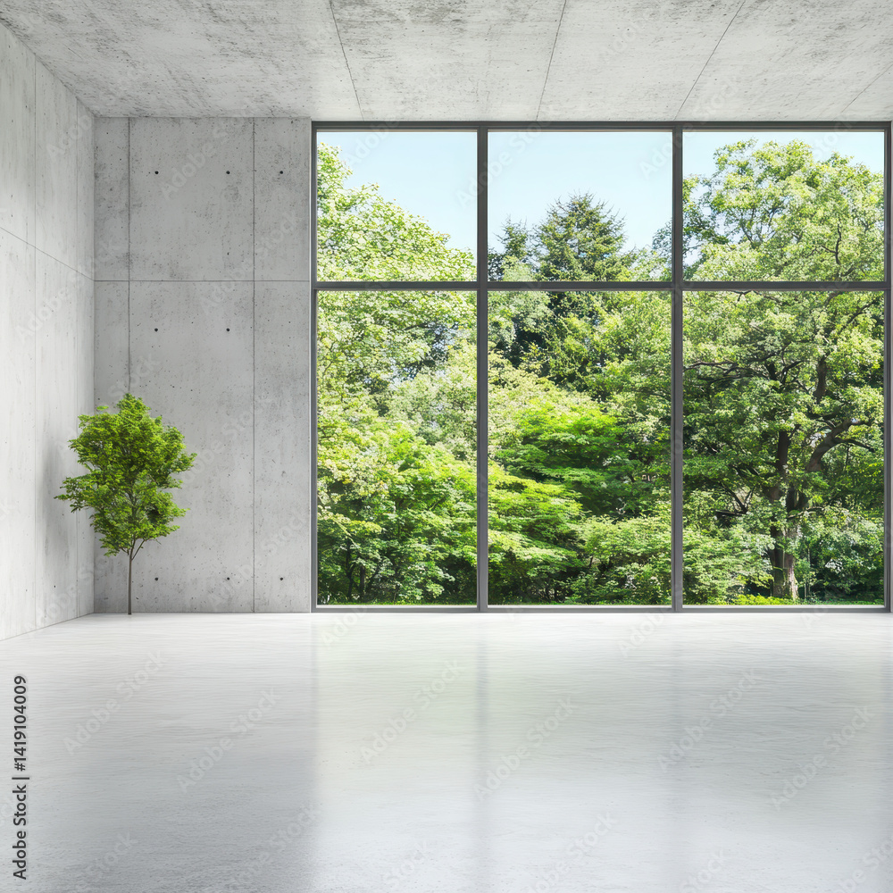 Fototapeta premium Modern minimalist interior space with large windows and greenery