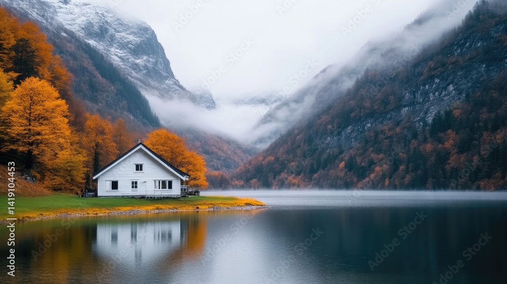 Fototapeta premium Serene mountain chalet by a tranquil lake in autumn