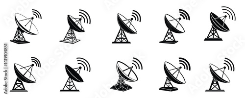 Set of silhouette satellite dish antenna, Vector Art & Illustration, Dish antenna icon, on a white background
