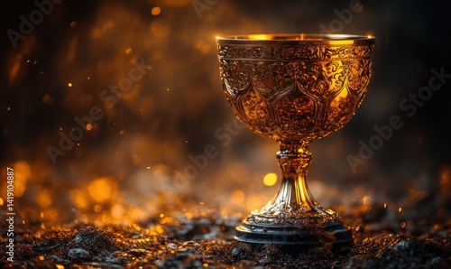 Golden trophy with dramatic lighting and warm haze on dark background for competition and achievement