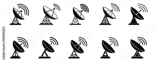 Set of silhouette satellite dish antenna, Vector Art & Illustration, Dish antenna icon, on a white background