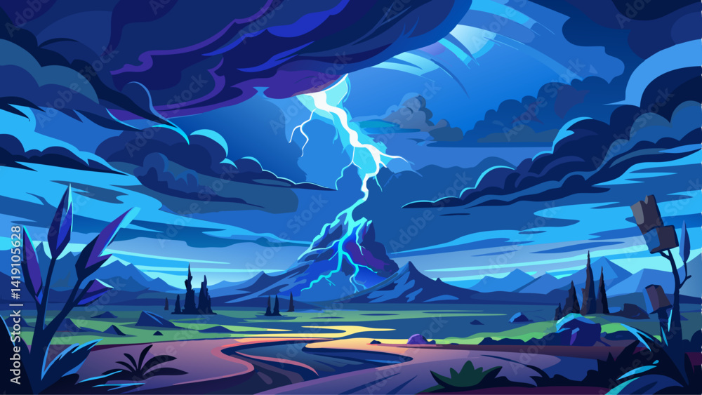 Obraz premium Dramatic nighttime scene with vibrant blue lightning striking a dark, stormy sky above a flat landscape