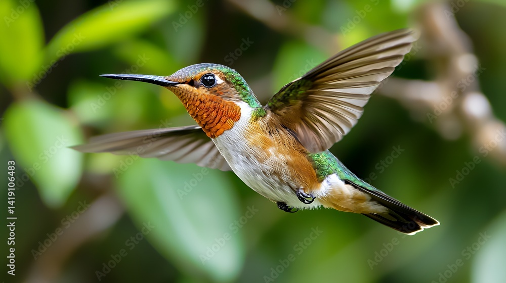 Fototapeta premium Stunning hummingbird in flight against lush foliage