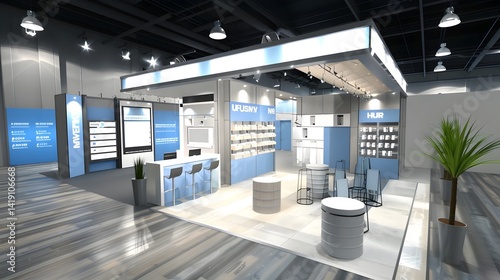 Modern Exhibition Booth Design:  A Clean, Minimalist Trade Show Display with Interactive Screens and Product Showcases,  Featuring Efficient Space Utilization and Stylish Decor.