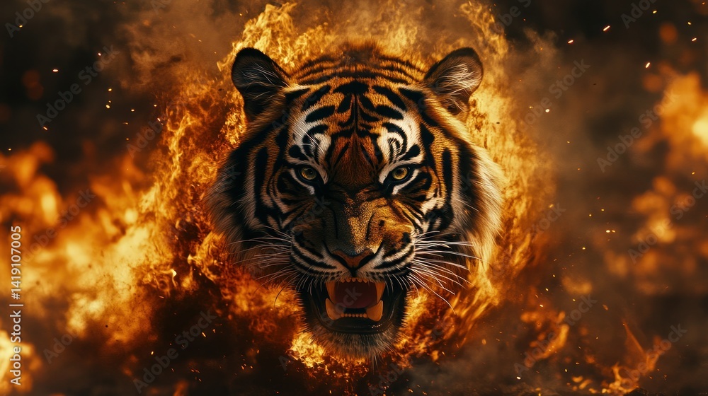 custom made wallpaper toronto digitalFierce tiger head engulfed in flames (2)