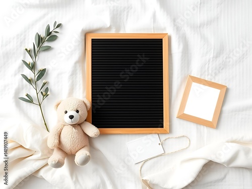 Pregnancy announcement mockup - Blank black letterboard with teddy bear and photo frame mockup