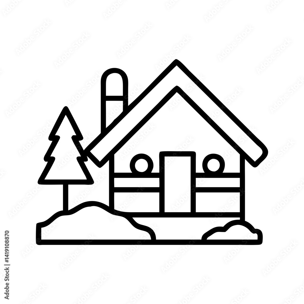 Cabin in the woods line art vector illustration for nature retreat and vacation home designs Cabin in the woods line art vector illustration for nature retreat and vacation home designs
