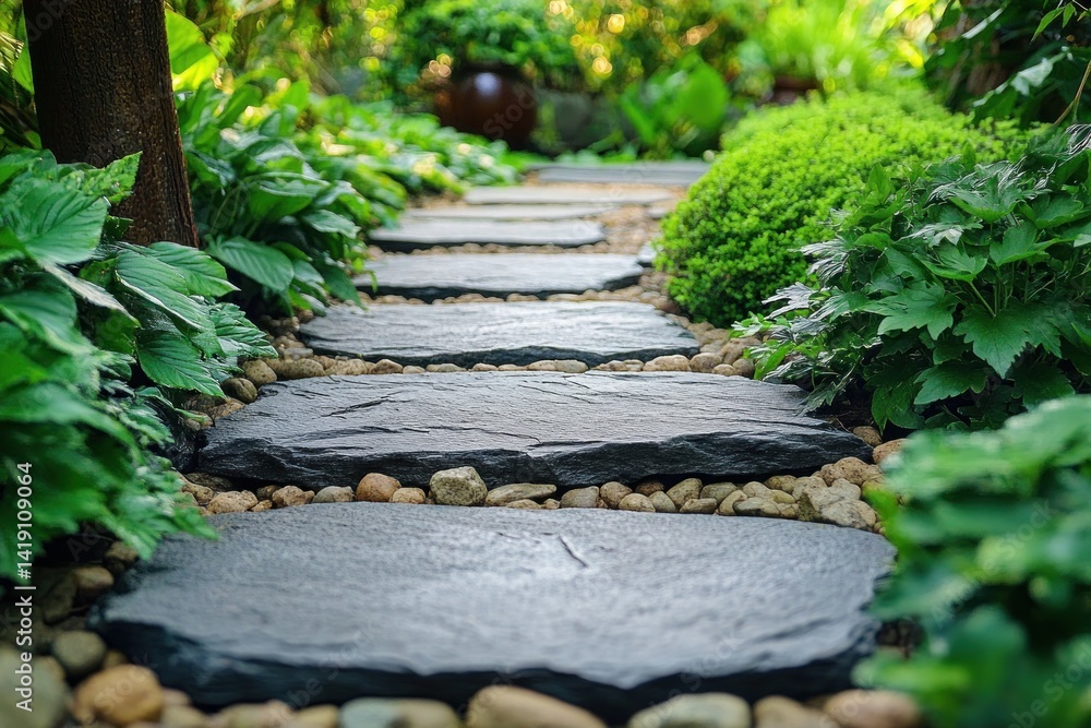 Serene stone pathway in lush garden with greenery and natural light in Japanese Zen style Serene stone pathway in lush garden with greenery and natural light in Japanese Zen style