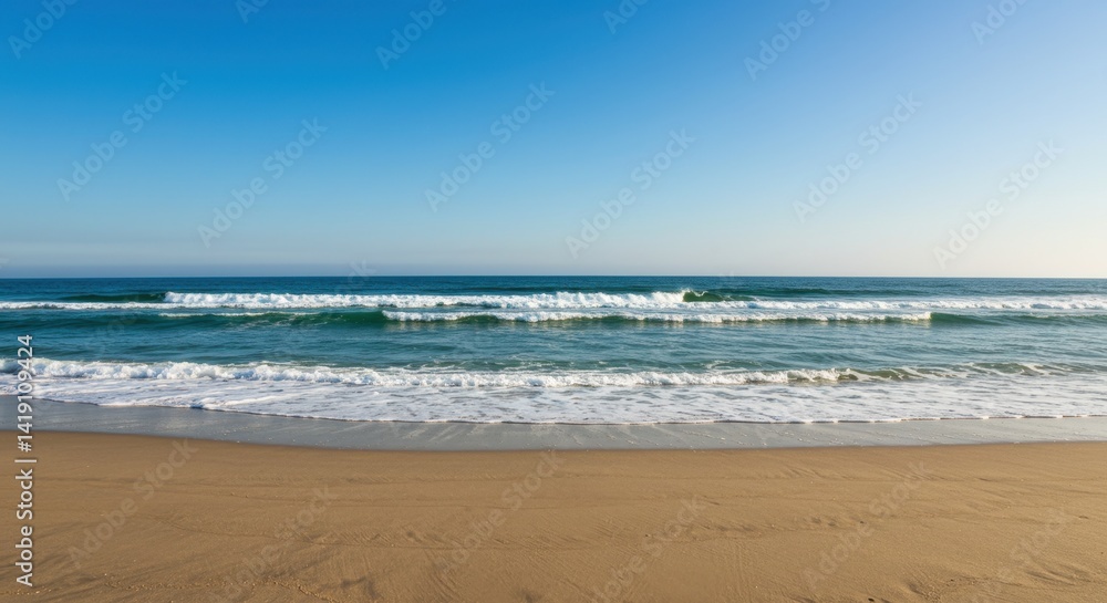 Peaceful Ocean Beach Scene Under a Bright Blue Sky Peaceful Ocean Beach Scene Under a Bright Blue Sky