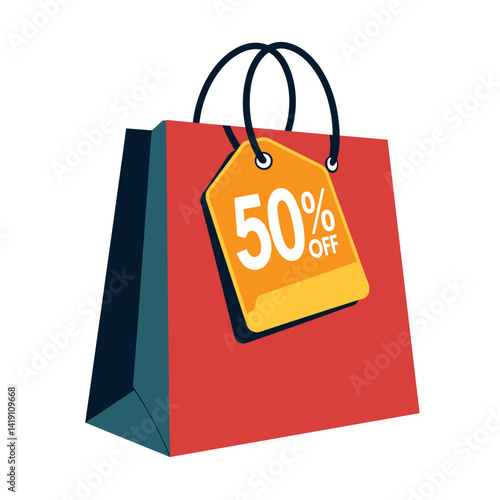 Shopping bag with discount tag, pop art design, consumer excitement