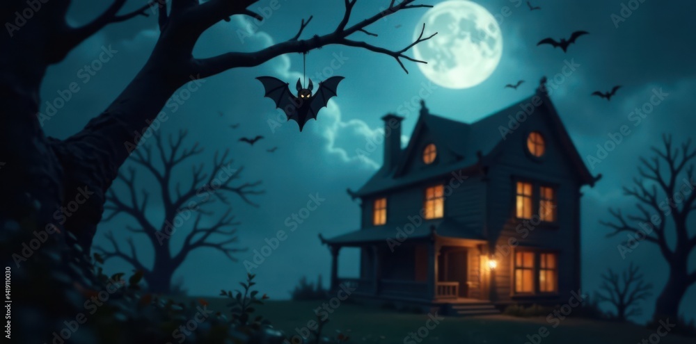 A single bat hanging from a spider web in a haunted house on Halloween night , spooky, bats A single bat hanging from a spider web in a haunted house on Halloween night , spooky, bats
