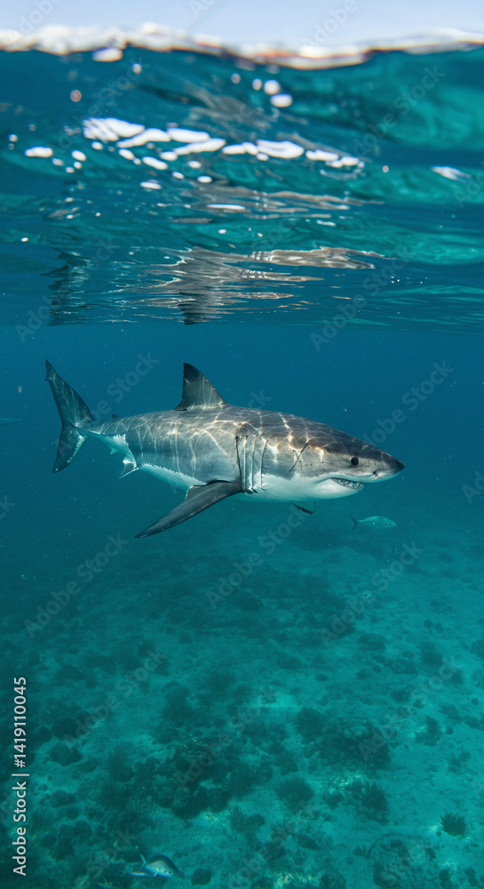Fototapeta premium A shark swims beneath the surface of the ocean with sunlight reflecting on the water's surface
