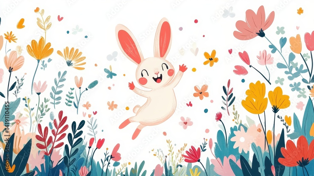 Kawaii little bunny mid-hop with floppy ears and joyful eyes, surrounded by pastel flowers, isolated on white background Kawaii little bunny mid-hop with floppy ears and joyful eyes, surrounded by pastel flowers, isolated on white background