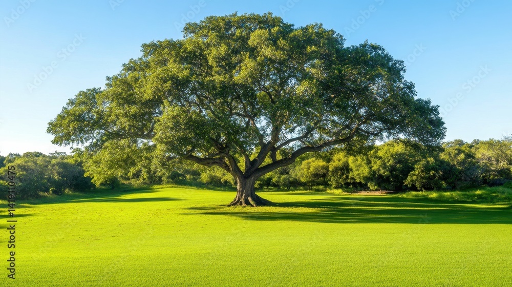 Fototapeta premium Large tree, vibrant green field, sunny day.