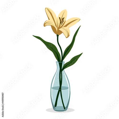 Single yellow lily in glass vase, evoking peace and reverence