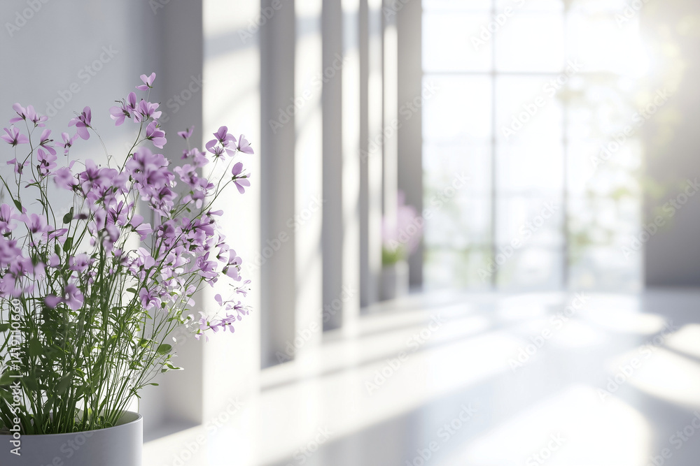 Minimalist Room with Large Windows and Purple Flowers
