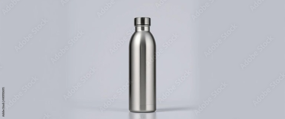 Sleek stainless steel water bottle against a neutral gray backdrop, water bottle, fitness Sleek stainless steel water bottle against a neutral gray backdrop, water bottle, fitness