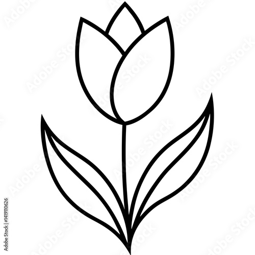 Tulip with 2 leaf line art vector illustration on white background