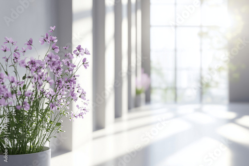 Minimalist Room with Large Windows and Purple Flowers