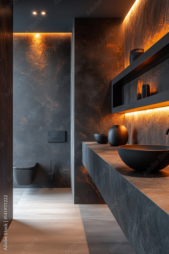 Modern Bathroom with Open Shelving and Dark Aesthetic