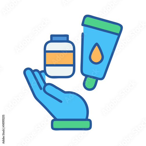 Hand Holding Bottle and Cream Tube Icon Illustration
