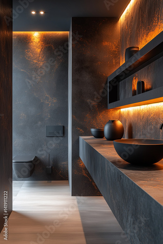 Obraz na płótnie Modern Bathroom with Open Shelving and Dark Aesthetic w salonie