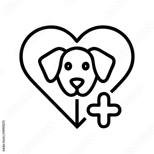 Dog care and veterinary services with heart symbol and plus sign for pet health and wellness