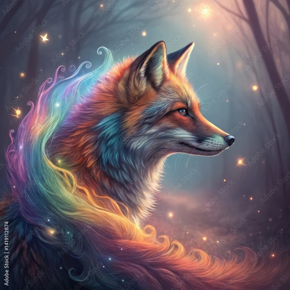 Colorful fox with a vibrant mane in a mystical forest, enchanting and magical portrait of wildlife Colorful fox with a vibrant mane in a mystical forest, enchanting and magical portrait of wildlife