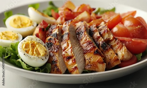 Dynamic Motion of Fresh Cobb Salad Components Cascading Through Air Stunning Detail and Texture Created with Generative AI Technology