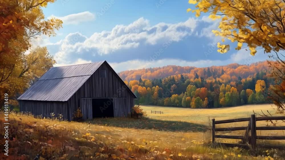 Rustic autumn barn nestled in golden leaves amidst tranquil countryside. Rustic autumn barn nestled in golden leaves amidst tranquil countryside.