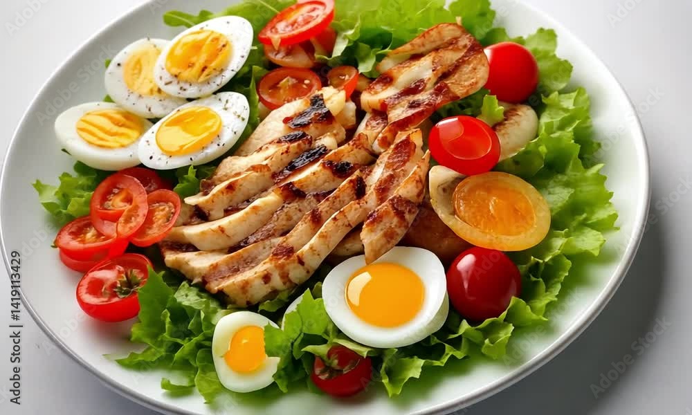 Slow Motion Cobb Salad Ingredients Falling in Perfect Harmony Vibrant Colors Against White Background Created with Generative AI Technology Slow Motion Cobb Salad Ingredients Falling in Perfect Harmony Vibrant Colors Against White Background Created with Generative AI Technology