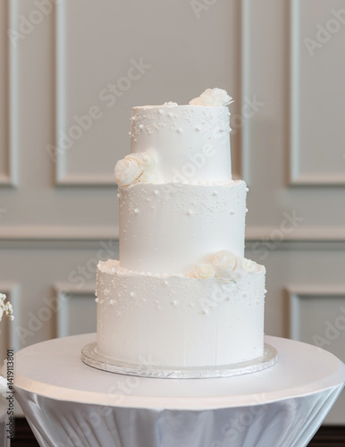 Three-tiered white wedding cake decorated with flowers and pearls at a banquet. Beautiful festive cake covered with white cream and decorated with roses. Dessert for guests at a wedding ceremony
