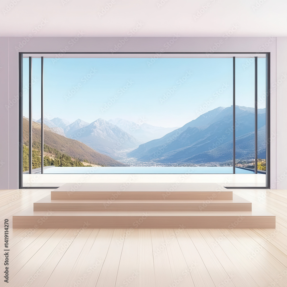 Fototapeta premium Modern Interior with Large Window Showcasing Scenic Mountain View