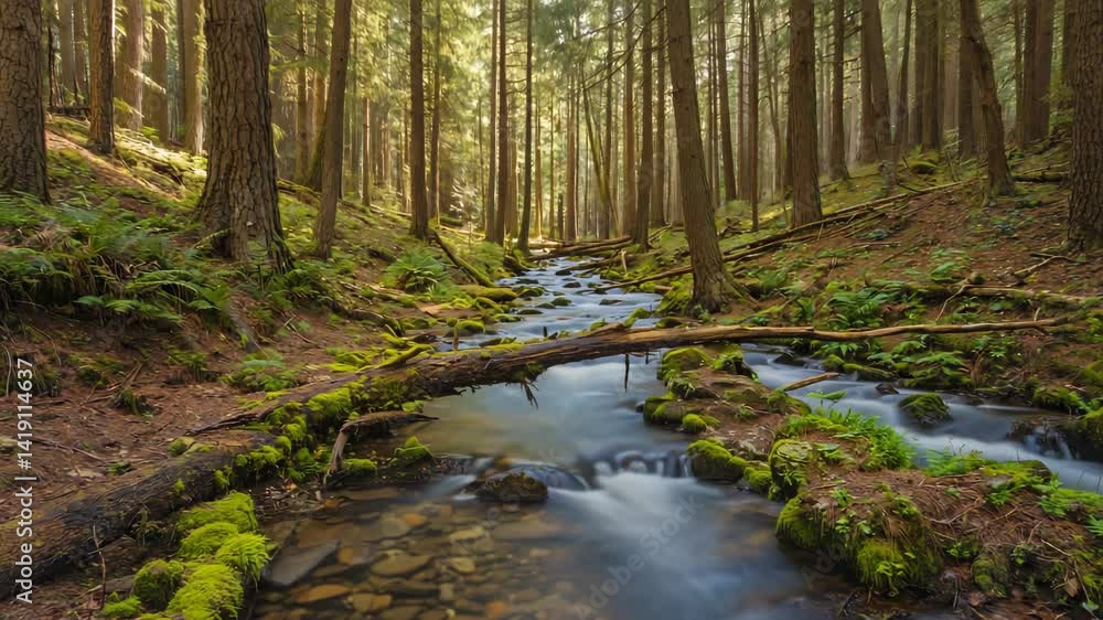 Serene river flows through mossy rocks and fallen logs surrounded by tall trees in a lush forest with soft light filtering through the canopy