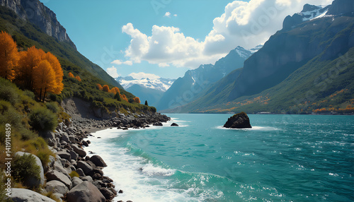 Picturesque Autumnal Fjord Coast [Rocky Shore, Teal Water] [Showcasing Natural Beauty]