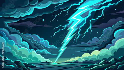 Electrifying teal lightning bolt streaks across a stormy, dark sky