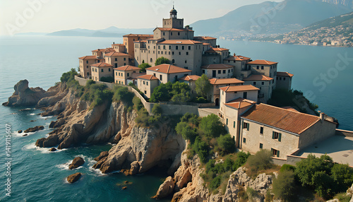Coastal Town on Cliffs [High-angle View] [Light-colored Buildings, Terracotta Roofs] [Representing Picturesque Mediterranean Location]
