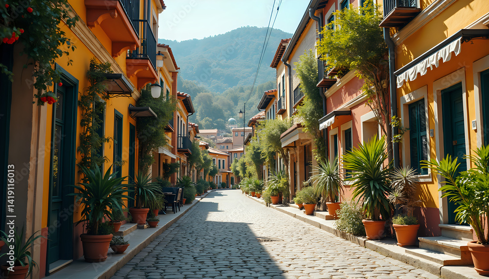 Fototapeta premium Mediterranean cobblestone street charming colorful represents peaceful European village travel [with copy space]
